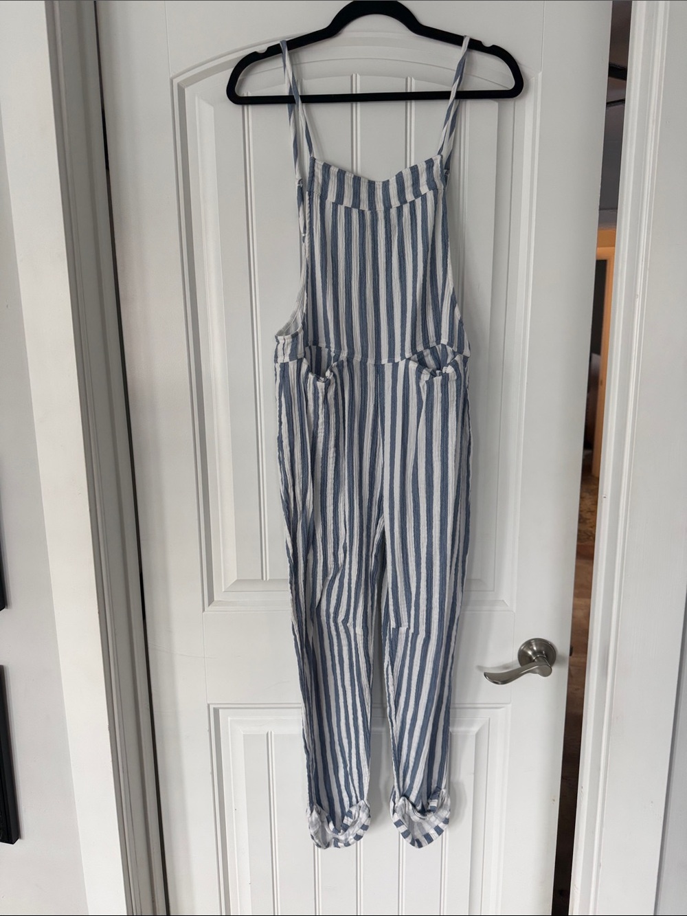 Roxy Linen-Blend Overalls in Blue and White